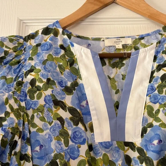 entro Blue Floral Tie-Waist Peplum Top with White Trim - Picture 3 of 6